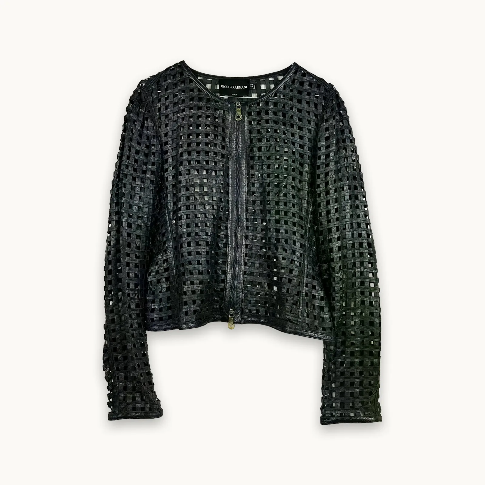 2000s Giorgio Armani  — Giacca nera in pelle con collo a girocollo e manica a rete