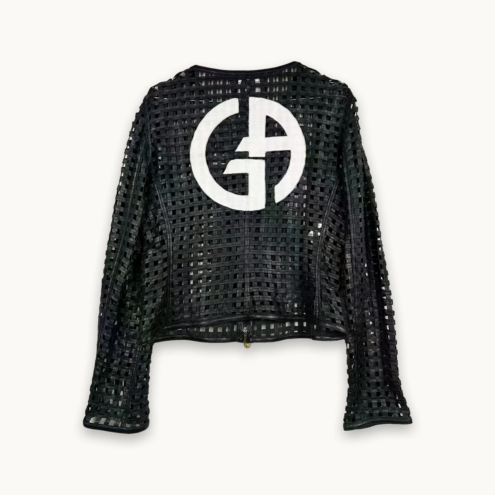 2000s Giorgio Armani  — Giacca nera in pelle con collo a girocollo e manica a rete — 6